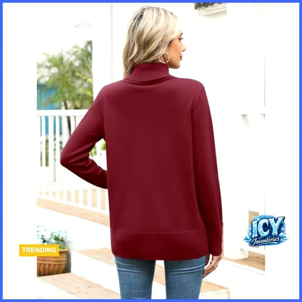 Long Sleeve Turtleneck Pullover Sweater with Metal Buttons High Low Hem